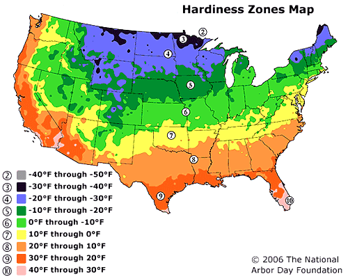 Reference Map for Hardiness Zones throughout the US