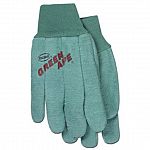 18 oz. heavy napped double woven fleece out cotton flannel. Clute-cut design, continuous thumb, knit wrist. Chore glove for hand protection. Green ape. Cotton.
