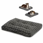 Light charcoal / Grey Plush, ultra-soft polyester. Tufted, plush polyfiber cushion. Non-skid bottom surface. Completely machine washable. Keeps pets cool in the summer and warm in the winter.