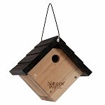 Traditional Wren House is made of insect and rot resistant premium cedar and stainless steel screws. This house features extra air vents, clean-out doors, and a 1 inch entry hole. It includes a vinyl coated steel hanging cable