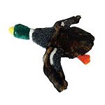 Mallard duck 15 . Long black/brown plush with dark green head; large squeaker; crinkle paper in wings; embroidered eyes.