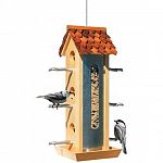  This unique wood feeder has bright galvanized steel side panels with seed-viewing windows. It features over-size rust-proof cast metal perches that look like twigs. Holds 2 lbs of seed mix. 