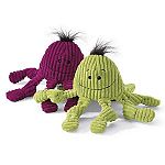 Cute octopus toys in soft corduroy plush have eight knotted tentacles for your dogs gnawing enjoyment plus 9 squeakers. 11 inches long. Choose Violet or Lime.