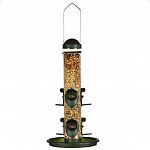 Two feeders in one--feeder allows for switching from mixed seed/sunflower to thistle/finch mix in seconds. Provides for six feeding stations. Holds 1.5 lbs. of seed. Made of plastic.