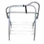 Made of rust resistant tubular galvanized steel. Can hold either an English or Western saddle. Folds for easy storage and transport. Designed to fit the saddle horn. The top swivels to clean the underside of the saddle. Packed two per box.