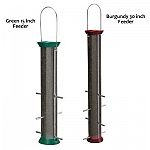 The New Generation Thistle Feeder by Droll Yankees is available in a Green or Burgundy finish to match your outdoor decor. Tops, bases and ports are coated in a durable powder coated finish that is made not to chip or fade. Fill with Nyjer seed.