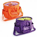 Durable LUCKYSTAR nylon deluxe grooming bag features a generously-sized center compartment with a star-patterned drawstring top. Other features include six outer storage pockets, a padded shoulder strap.