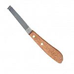 Features a wide stainless steel blade and curved wood handle. A strong, slightly curved knife with its tip turned laterally on itself to form a tunnel. The flat part of the blade is used to trim the bottom of the hoof wall and the curved part to make gro