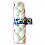 The classic rawhide dog treat is made into a fun braid shape. The American Dog Banded Rawhide Braids are made in the USA to be tough and last for many hours of chewing fun. Made with American beefhide. Choose medium or large.