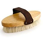 English-style, strap-back, kiln-dried hardwood oval brush block densely filled with high-grade natural boar bristle. Features new french-cut, saddle-stitched padded mahogany leather strap with embossed logo and brass-plated fasteners. Designed for medium
