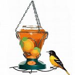 Luscious, handpainted oranges adorn this Colibri feeder, attracting orioles to your back yard. Three orange sliced designed ports further attract birds. Comes with hanging chain and gem cut glass bottle.  24 oz - 5 inch x 11 inch 