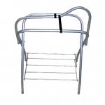Deluxe saddle rack can hold either an English saddle or Western saddle. It folds easily for storage and transportation. Made of rust resistant tubular galvanized steel. The top swivels to clean the underside of the saddle.