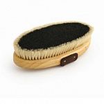 English-style, strap-back, kiln-dried hardwood oval brush block filled with the finest quality green-dyed horse hair. Horsehair bristles are surrounded by a border of premium white boar bristles. Features a french-cut, saddle-stitched padded mahogany leat