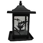 Heavy duty steel bird feeder in black. Holds up to 6 pounds of mixed seed. Beautiful bird gently landing on thistle creates an elegant aurora to the feeder. Great for attracting a wide variety of birds and will withstand the elements.