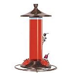 Beautiful 12oz. glass bottle with brushed copper accented top and bottom. Three red coated, hummingbird attracting, metal feeding flowers. Decorative wire perech included.   