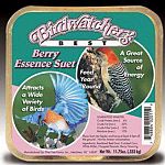 Birdwatchers best berry essence suet. This case contains 12 suet cakes. Consists of rendered beef suet, cracked corn, white millet, chopped peanuts, berry blavoring. Attracts a wide variety of birds and is a great source of energy. 11.75 oz. each.