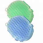 This curry is soft rubber and will really pull out shedding hair on your horse or dog. We love the grip also -easy on the hands - 2 colors: blue or green. Approx 6 inches.