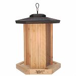 Triple Gazebo feeder features 3 separate seed chambers for up to 3 different types of seed and is made of insect and rot resistant premium cedar. The Triple Gazebo feeder has spacing for larger birds, a wide opening for easy filling, and drainage.