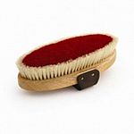 English-style, strap-back, kiln-dried hardwood oval brush block filled with the finest quality red-dyed horse hair. Horsehair bristles are surrounded by a border of premium white boar bristles. Features a french-cut, saddle-stitched padded mahogany leathe
