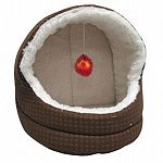 For rest and play. Soft and cushy cat bed with a tantalizing toy to swat during playtime. Bed dimensions 15 x 14 x 13. Kitty bed with hanging ball toy. This product is shipped direct from the warehouse and a specific color cannot be selected.