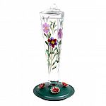 Beautiful glass hummingbird feeder features:  hand-painted fluted glass nectar container, integrated perch invites hummingbirds to sit and dine, four bee-resistant flower feeding stations.  Top seller - great value. Large Capacity for warm weather.