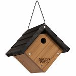 Traditional Wren House is made of solid Cross-ply bamboo and stainless steel screws. This house features extra air vents, clean-out doors, and a 1 entry hole. It includes a vinyl coated steel hanging cable, water-based protective stain