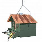 Holds 12 pounds of seed. Features a weight activated perch bar that closes to prevent squirrels from accessing the seed supply. Home design with metal construction and a removable roof peak for easy filling.