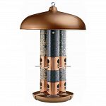 Beautiful Copper Finish Triple Tube bird Feeder with an Integrated guard that foils squirrels. Heavy-duty acrylic and copper construction indestructible by squirrels. Extra large, 10 lb. seed capacity.