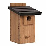 Bluebird Box House with viewing window is made of solid Cross-ply bamboo and stainless steel screws. In addition to featuring extra air vents, clean-out doors, elevated mesh floor, predator guard, fledgling skerfs, and a 1 inch entry hole