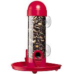 Bright Red Window tube feeder features strong suction cups that attach to any window. 2.5 inches diameter by 8 inches long. Easy Fill. 1 lb. seed capacity. Features quick release tray which saves seed and simplifies cleaning.