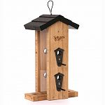 Vertical Straight feeder has an extended base to accommodate large birds, and is made of solid Cross-ply. This 2-quart feeder has a rust-free removable Fresh Seed tray with seed diverter and rain drainage