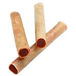 A sheet of rawhide is rolled and stuffed with a wholesome, meaty mixture. The resulting treat couples the teeth cleaning advantages of a long lasting chew with the delicious taste of the stuffing.