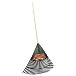 24” lawn rake with uniform, fortified, premium polypropylene tines that retain their shape. Handle: 48”. Head Width: 24”. Tines: 26.