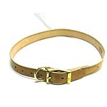 Harness leather cow strap in tan with a solid brass buckle. Features heavy solid brass buckle with welded brass dee riveted on plus stitching for additional strength.