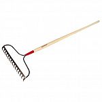 Razorback bow rake is used for removing rocks from soil. 15-tine, 16 x 3-1/4 one-piece forged steel head. 60 ash wood handle.