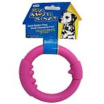 Solid rubber ring that is teeth chomping fun. Great toy for large dogs that love to chew and chase. Dual purpose dog toy.