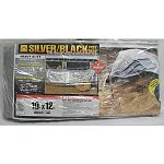 Uv resistant silver and black polyethylene material. 14 x 14 count per square inch, approximately 11-12 mil. Thick. High density woven treated fabric, 1000 denier. Heat sealed seams, rope-lined, heat sealed or double stitched hems. Rustproof gro