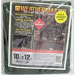 Uv resistant high density polyethylene material. 10 x 8 weave per square inch, approximately 4-5 mil. Thick. Non-reflective fabric finish, 1000 denier. Camouflage pattern, light green, green and brown. Heat sealed seams, rope-lined, heat sealed