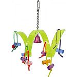Attractive color and sound Hanging acrylic solid logs to chew and a bell in the center Durable acrylic construction for extended uses Easily clips to the top of the bird cage