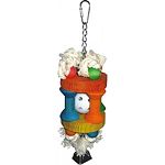 Multicolored design with ropes and wood blocks inclosing a whiffle ball Durable construction for extended uses Easily clips to the top of the bird cage