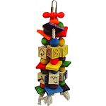 Multicolored design with rope and wood blocks Has abc blocks hanging on the rope Durable construction for extended uses Easily clips to the top of the bird cage