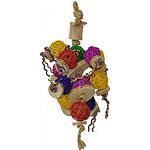 Multicolored java wood toy with sisal rope and round wicker balls Durable construction for extended uses Easily clips to the top of the bird cage