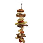 Slices of coconut shell Husk chewies Colored java wood slices Mounted on chain with included pear link For small to medium parrots