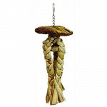 Shredable fun, your bird will love to shred this one. A coconut shell piece on top that creates a covering Plaited banana leaf tentacles for your bird to tug on and shred. Pear link and chain for hanging.