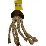 Shredable fun A coconut shell piece on top that creates a covering Pear link and chain for hanging Plaited banana leaf tentacles for your bird to tug on and shred