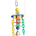 Multicolored design with wooden abc blocks, plastic chain links, plastic beads, and a bell Easily clips to the top of the bird cage