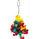 Attractive blend of color Has a rubber ducky on the top center with wood spool and blocks on ropes hanging down Durable acrylic construction for extended uses Easily clips to the top of the bird cage