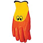 Bright yellow nylon knit with bright orange nitrile 3/4 dip coating. Kids can use it as a puppet, too! Durable, washable, and lots of fun!