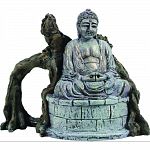 Handcrafted resin, realistic looking meditating buddha in front of driftwood Provides interest, hides and shelter for fish Safe in fresh and saltwater Designed for aquariums, terrariums and most animal habitats Silver tones will illuminate under light