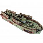 Handcrafted resin, realistic looking sunken torpedo boat Provides interest, hides and shelter for fish Safe in fresh and saltwater Designed for aquariums, terrariums and most animal habitats Silver tones will illuminate under light Actual size: 12.5 x4.25